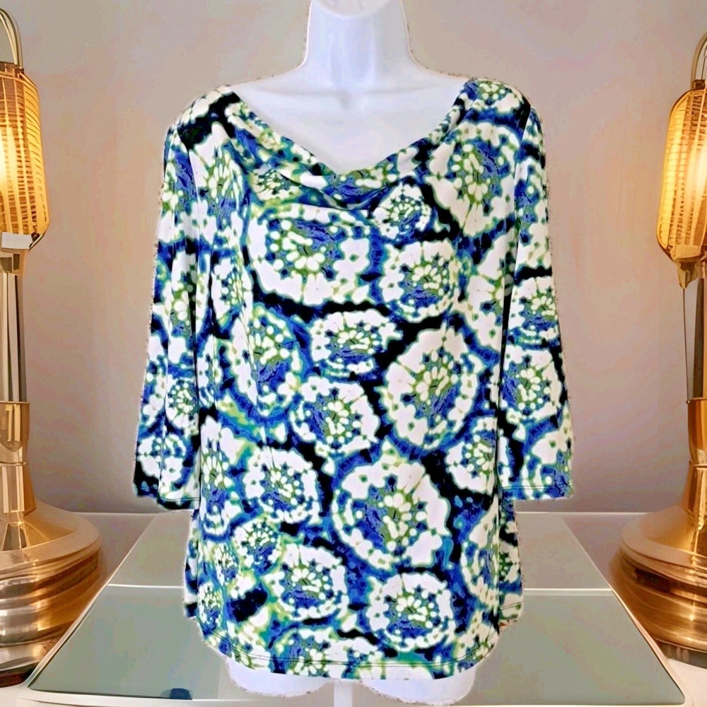 East 5th‎ Popover Top L Kaleidoscope Print Cowl Neck 3/4 Sleeve Stretch Career